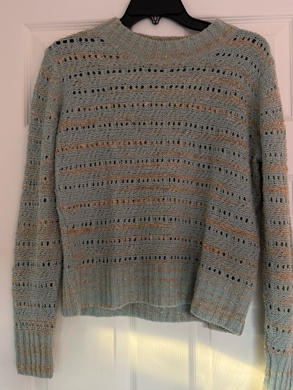 hinge Open-Knit Crewneck Sweater in Light Blue and Beige